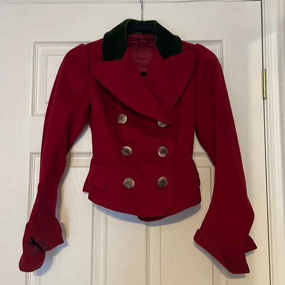 Vintage Childrens Red Jacket with Green Velvet Collar - Picture 1 of 12